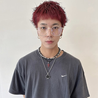 大須　メンズ　レッド　ベリーショート　レイヤー