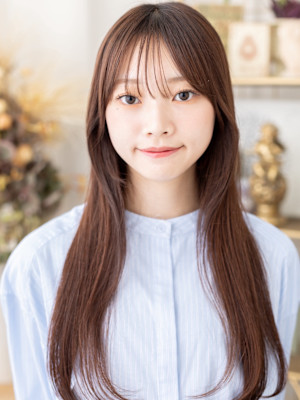 シースルーバング顔回りレイヤーストレートチョコレートブラウン