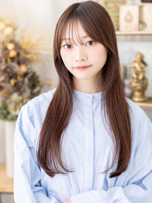 シースルーバング顔回りレイヤーストレートチョコレートブラウン