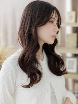 かき上げバング大人美人モテ髪韓国風巻き　ココアブラウン