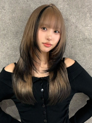 韓国風 デザインカラー ベージュカラー くびれヘア レイヤー