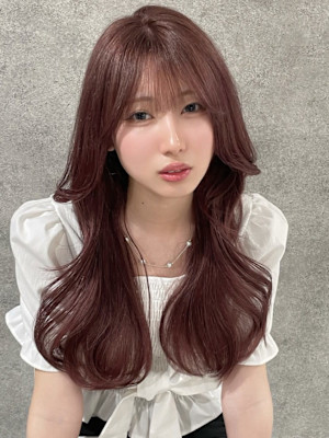 ピンクブラウン 韓国風巻き 顔周りカット 透明感カラー