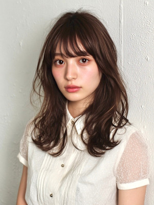 シースルーバングデジタルパーマラフカールセミロングレイヤー