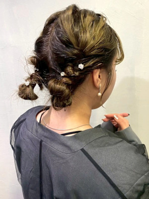 ヘアセット ヘアアレンジ 編み込みツインヘア お呼ばれヘア