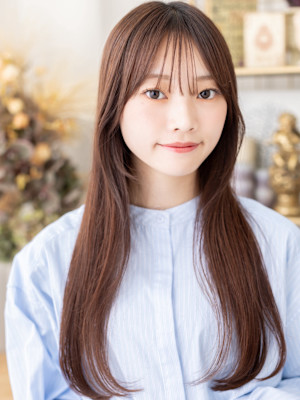 シースルーバング顔回りレイヤーストレート　チャコールグレー