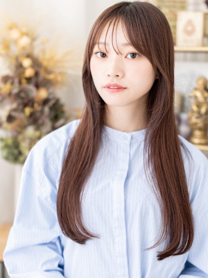 シースルーバング顔回りレイヤーストレート　チャコールグレー