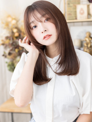 姫カットレイヤー透けバングストレートロング　チャコールグレー