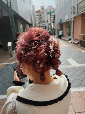 お呼ばれヘア/編みおろしヘア/ツインアレンジ/ヘアセット