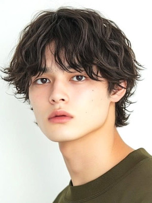 ニュアンスパーマ ウルフ メンズカット 韓国 センターパート