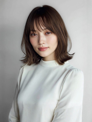 外ハネミディ 顔周りレイヤー ココアベージュ 前髪カット