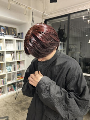 メンズ　レッドブラウン　センターパート