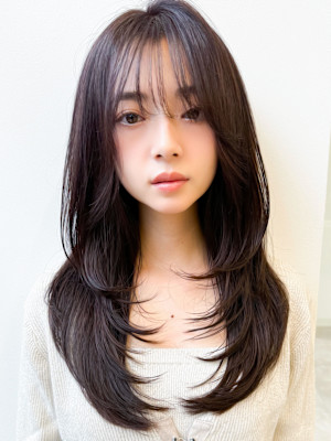 美髪レイヤー韓国ヘアロングくびれワンカールハッシュカット