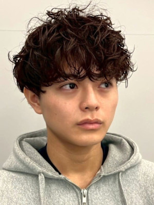 プードルパーマ マッシュ アッシュブラウン ツーブロック