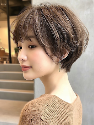 ショート ボブ 小顔 くびれヘア ココアベージュ 40代