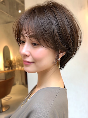 ショートヘア 小顔 ボブ ココアベージュ 白髪染め 40代
