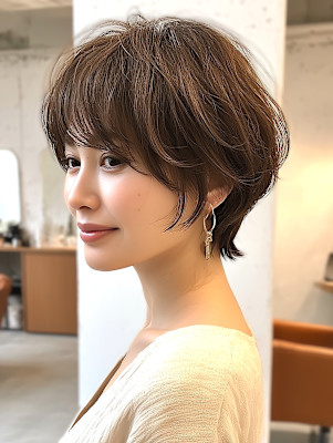 ショート 小顔 前髪カット ココアベージュ 白髪ぼかし