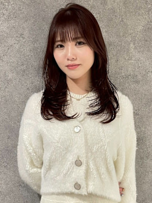 レッドブラウン レイヤーカット 顔周りカット 前髪カット 