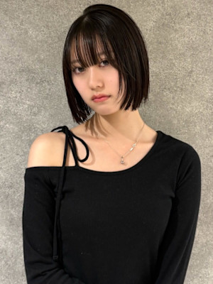切りっぱなしボブ 黒髪 顔周りカット 前髪カット 髪質改善	