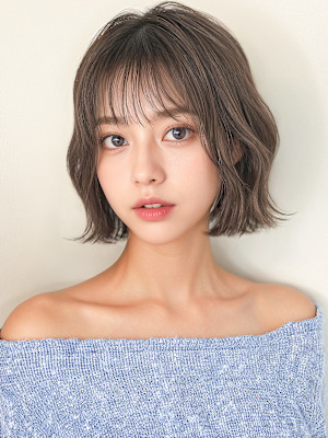 細めハイライト外ハネ小顔エアリーボブパーマp1　ミニマルボブ