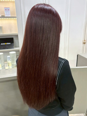 レッドカラー 暖色系カラー ツヤ髪カラー ストレート ロング