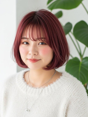 チェリーレッド/バーガンディ/小顔みせモテ内巻きボブ