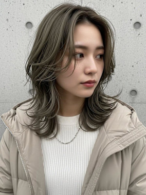 グレーブラウン/全頭ブリーチ/ハイレイヤーカット