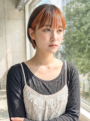 「ショートボブ×インナーカラー（オレンジハイトーン）」　