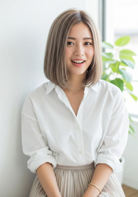 全頭ブリーチ/ミルクティーカラー/内巻きモテボブ