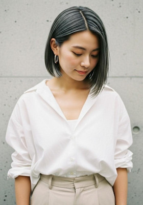 全頭ブリーチ/グレーブラウン/内巻きモテボブ/ナチュラルボブ