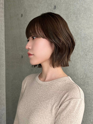 大人ボブくびれボ韓国ボブ前髪顔周りカットオリーブブラウン