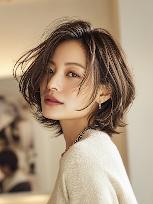 ショートレイヤー/ボブ/顔まわりカット/透明感ブラウン