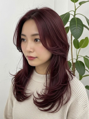 チェリーレッド/バーガンディ/バタフライカット/シャギー