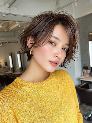 ショート/レイヤーカット/かきあげバング/ブラウンベージュ
