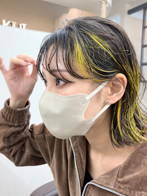 ミディアムボブレイヤー/ハイライト／デザインカラー/イエロー