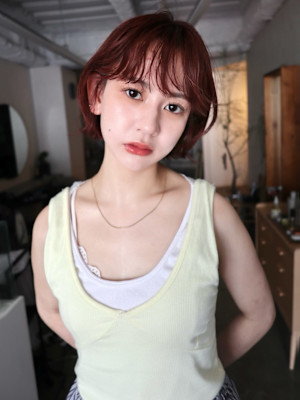 ピンクブラウンレイヤーボブ艶髪暖色カラー髪質改善