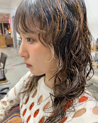 ロングウルフパーマパーマ顔まわりレイヤーパーマ久屋大通/栄