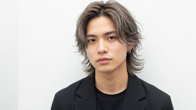 【メンズ】アッシュグレー×外ハネロング