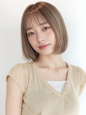 ツヤ髪パールベージュ小顔切りっぱなしボブp1　脱白髪染め