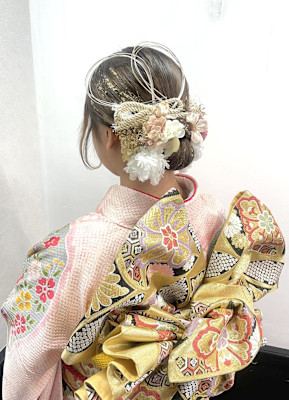 成人式ヘア/振袖ヘア/金箔ヘア/タイトシニヨン/着付け