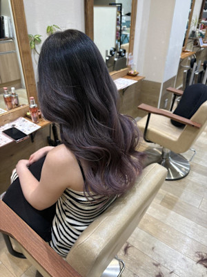 韓国風レイヤーカット艶カラーローズブラウン前髪カット 