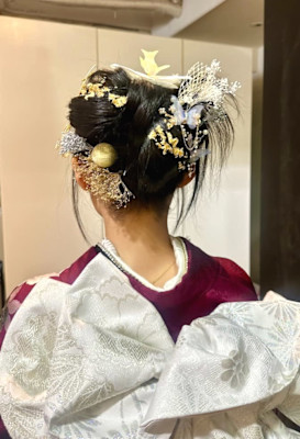 和装　成人式　リボンアップヘアースタイル