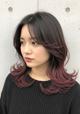 ワインレッド/ミディアムレイヤー/韓国巻き/エンドカラー