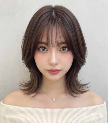 韓国風くびれミディアム外ハネウルフ×ショコラブラウン小顔ボブ