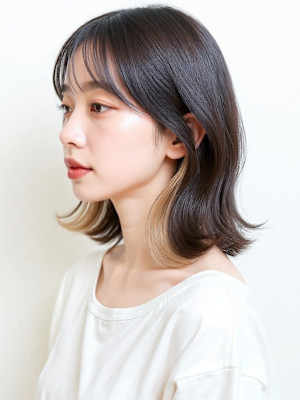 インナーカラーくびれミディアムレイヤーカットp1　ダークグレ