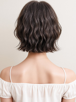 暗髪抜け感ウェットヘア前髪パーマこなれボブp1　ダークグレー