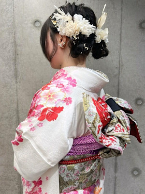 着物ヘアセット 成人式 ツインお団子 アップスタイル 着付け