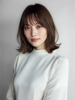 外ハネミディアム くびれヘア レイヤーボブ グレージュ