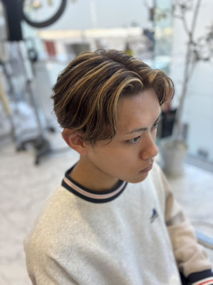 フルハイライト／メッシュ／ツーブロ／センターパート／毛流れ