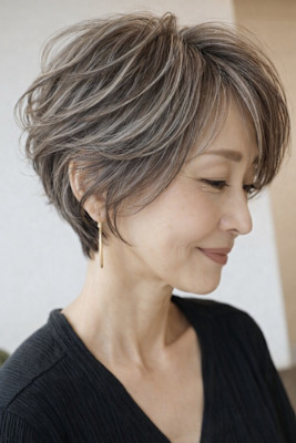 大人ショート白髪ぼかしハイライト40代50代60代