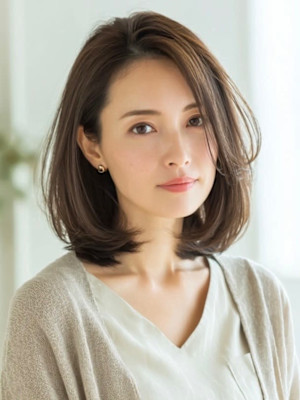 大人ミディ/くびれボブ/ベージュブラウン/艶感